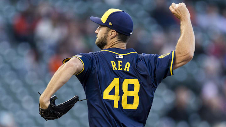 Sep 11, 2024; San Francisco, California, USA; Milwaukee Brewers starting pitcher Colin Rea (48) throws against the San Francisco Giants during the first inning at Oracle Park