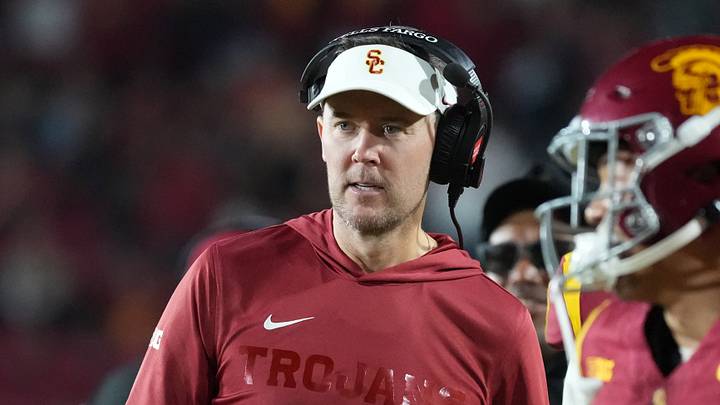 Sep 4, 2026; Los Angeles, California, USA; Southern California Trojans head coach Lincoln Riley watches against the Fresno State Bulldogs in the second half at United Airlines Field at Los Angeles Memorial Coliseum. Mandatory Credit: Kirby Lee-Imagn Images