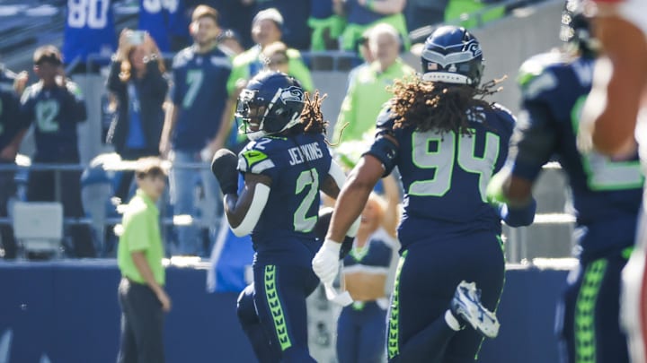 Oct 6, 2024; Seattle, Washington, USA; Seattle Seahawks safety Rayshawn Jenkins (2) returns a fumble for a touchdown against the New York Giants during the first quarter at Lumen Field. Mandatory Credit: Joe Nicholson-Imagn Images