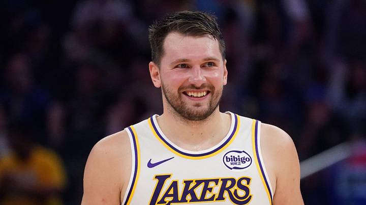 Feb 28, 2026; San Francisco, California, USA;  Los Angeles Lakers forward/guard Luka Doncic (77) smiles during a break in the action against the Golden State Warriors in the third period at Chase Center. Mandatory Credit: David Gonzales-Imagn Images