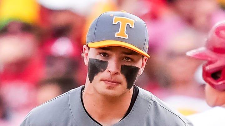 Tennessee's Andrew Fischer plays in the NCAA baseball Fayetteville Super Regional between Tennessee and Arkansas held at Baum-Walker Stadium on June 7, 2025.