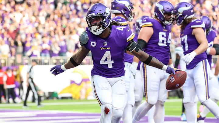 Dec 4, 2022; Minneapolis, Minnesota, USA; Minnesota Vikings running back Dalvin Cook (4) celebrates