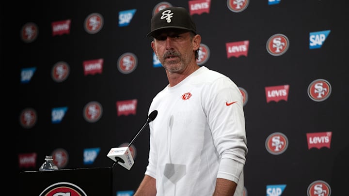 Jun 10, 2025; Santa Clara, CA, USA; San Francisco 49ers head coach Kyle Shanahan speaks to the media following an OTA at Levi's Stadium. Mandatory Credit: D. Ross Cameron-Imagn Images