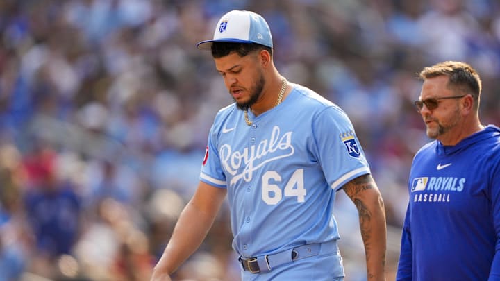 Aug 2, 2025; Toronto, Ontario, CAN;  Kansas City Royals pitcher Steven Cruz (64) leaves the game during the seventh inning against the Toronto Blue Jays at Rogers Centre. Mandatory Credit: Kevin Sousa-Imagn Images