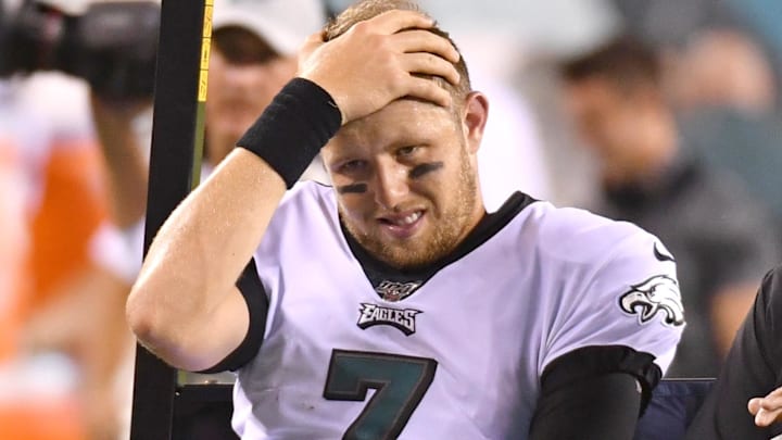 Former Philadelphia Eagles quarterback Nate Sudfeld (7) leaves the game on a cart with an air cast on his left wrist at the end of the second quarter against the Tennessee Titans at Lincoln Financial Field.