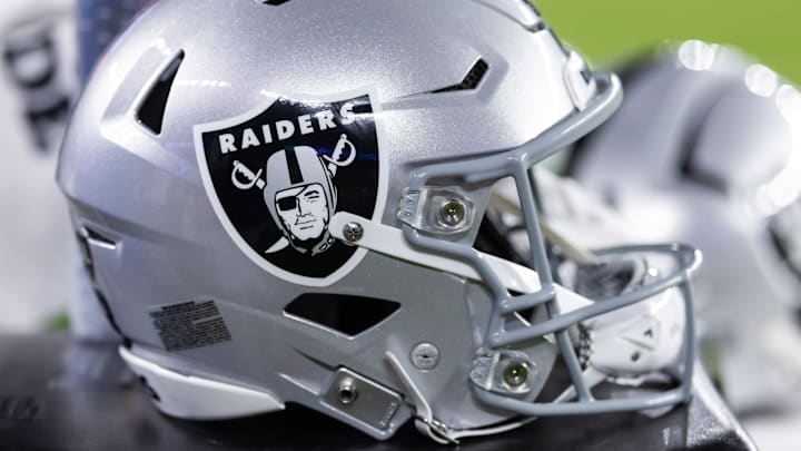 Aug 23, 2025; Glendale, Arizona, USA; Detailed view of a Las Vegas Raiders helmet during a preseason NFL game at State Farm Stadium. Mandatory Credit: Mark J. Rebilas-Imagn Images