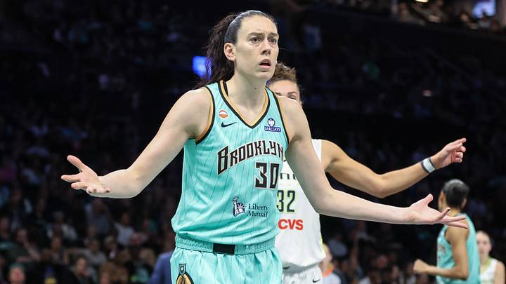 Jul 7, 2026; Brooklyn, New York, USA;  New York Liberty forward Breanna Stewart (30) reacts to a call in the third quarter against the Dallas Wings at Barclays Center. Mandatory Credit: Wendell Cruz-Imagn Images