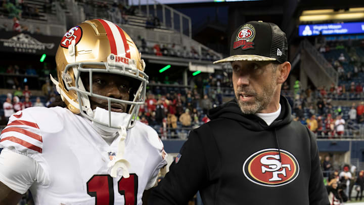 San Francisco 49ers wide receiver Brandon Aiyuk (L) and head coach Kyle Shanahan (R)