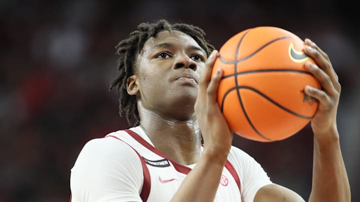 Feb 22, 2025; Fayetteville, Arkansas, USA; Arkansas Razorbacks forward Adou Thiero (3) shoots a free-throw during the second half against the Missouri Tigers at Bud Walton Arena. Mandatory Credit: Nelson Chenault-Imagn Images