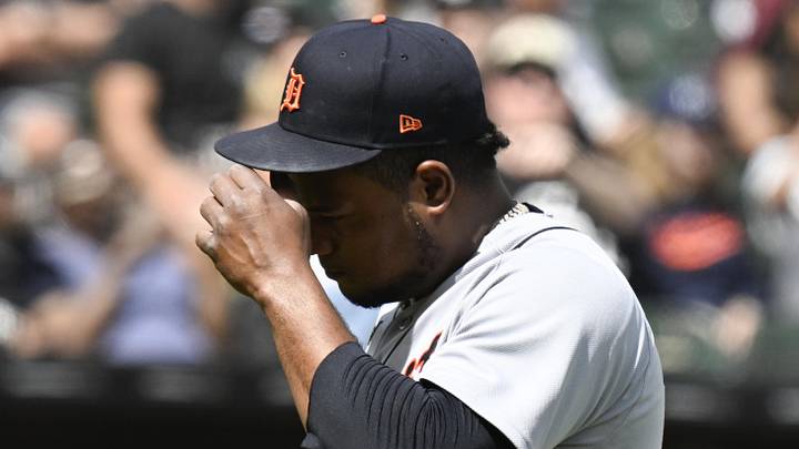 May 30, 2026; Chicago, Illinois, USA;  Detroit Tigers pitcher Framber Valdez (59) scratches his head after he is relieved during the seventh inning against the Chicago White Sox at Rate Field. Mandatory Credit: Matt Marton-Imagn Images