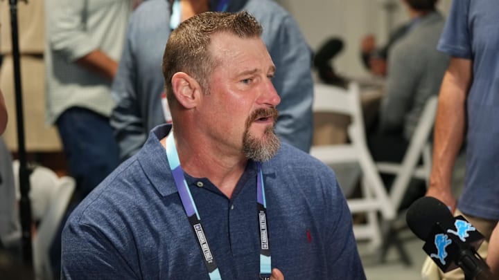Detroit Lions head coach Dan Campbell answers questions from the media during the NFL Annual League Meeting Detroit Lions head coach Dan Campbell answers questions from the media during the NFL Annual League Meeting