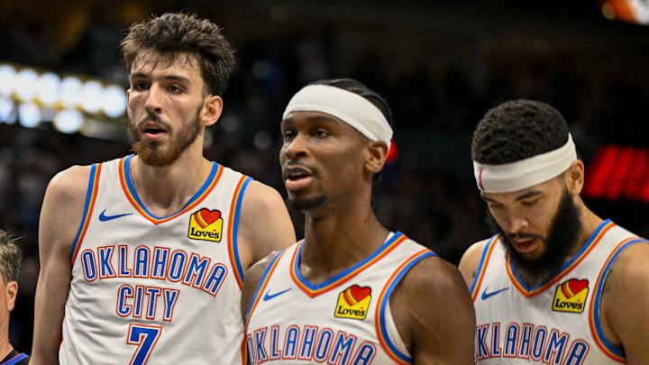 May 13, 2024; Dallas, Texas, USA; Dallas Mavericks forward P.J. Washington (25) yells at Oklahoma City Thunder forward Chet Holmgren (7) and guard Shai Gilgeous-Alexander (2) and forward Kenrich Williams (34) during the second half in game four of the second round for the 2024 NBA playoffs at American Airlines Center. Mandatory Credit: Jerome Miron-Imagn Images May 13, 2024; Dallas, Texas, USA; Dallas Mavericks forward P.J. Washington (25) yells at Oklahoma City Thunder forward Chet Holmgren (7) and guard Shai Gilgeous-Alexander (2) and forward Kenrich Williams (34) during the second half in game four of the second round for the 2024 NBA playoffs at American Airlines Center. Mandatory Credit: Jerome Miron-Imagn Images