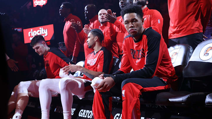 Mar 9, 2025; Portland, Oregon, USA; Portland Trail Blazers guard Anfernee Simons (1) awaits to be called into the line up in a game against the Detroit Pistons at Moda Center. Mandatory Credit: Jaime Valdez-Imagn Images