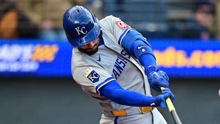Kansas City Royals second baseman Jonathan India (6) hits an RBI