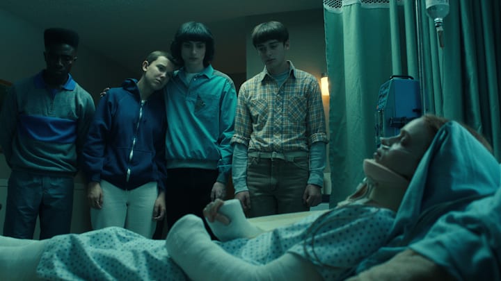 STRANGER THINGS. (L to R) Caleb McLaughlin as Lucas Sinclair, Millie Bobby Brown as Eleven, Finn Wolfhard as Mike Wheeler, Noah Schnapp as Will Byers, and Sadie Sink as Max Mayfield in STRANGER THINGS. Cr. Courtesy of Netflix © 2022