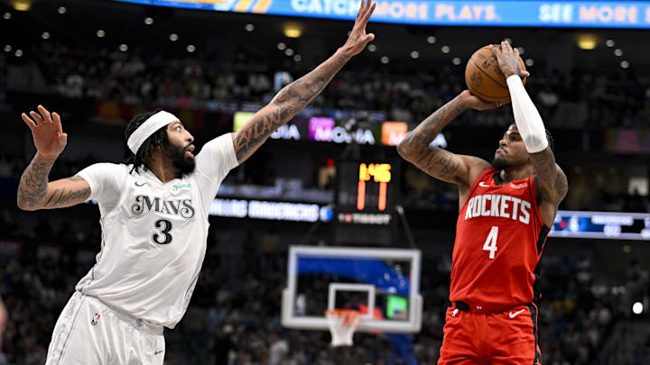 Feb 8, 2025; Dallas, Texas, USA; Houston Rockets guard Jalen Green (4) shoots over Dallas Mavericks forward Anthony Davis (3) during the second quarter at American Airlines Center. Mandatory Credit: Jerome Miron-Imagn Images Feb 8, 2025; Dallas, Texas, USA; Houston Rockets guard Jalen Green (4) shoots over Dallas Mavericks forward Anthony Davis (3) during the second quarter at American Airlines Center. Mandatory Credit: Jerome Miron-Imagn Images