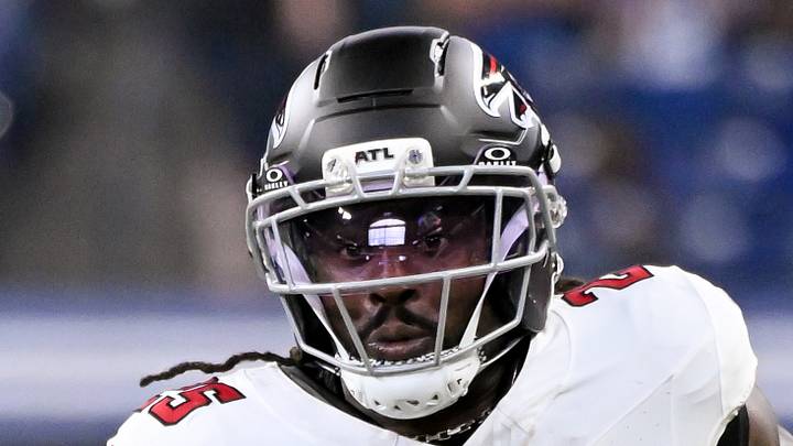 Aug 22, 2026; Indianapolis, Indiana, USA; Atlanta Falcons running back Tyler Goodson (25) runs for a touchdown against the Indianapolis Colts during the first half at Lucas Oil Stadium. Mandatory Credit: Robert Goddin-Imagn Images