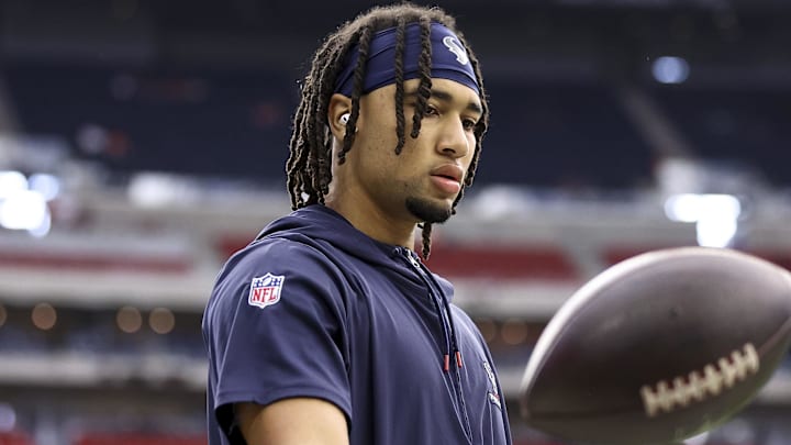 Dec 3, 2023; Houston, Texas, USA; Houston Texans quarterback C.J. Stroud (7) before the game against the Denver Broncos at NRG Stadium. Mandatory Credit: Troy Taormina-Imagn Images