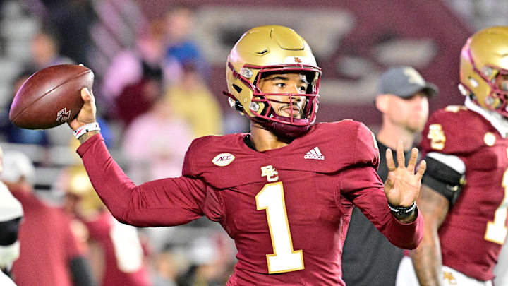 Oct 25, 2024; Chestnut Hill, Massachusetts, USA; Boston College Eagles quarterback Thomas Castellanos (1) warms up before a game against the Louisville Cardinals at Alumni Stadium. Mandatory Credit: Eric Canha-Imagn Images