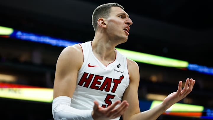 Jan 20, 2026; Sacramento, California, USA; (Miami Heat forward Nikola Jovic (5) reacts Mandatory Credit: Sergio Estrada-Imagn Images) Jan 20, 2026; Sacramento, California, USA; (Miami Heat forward Nikola Jovic (5) reacts Mandatory Credit: Sergio Estrada-Imagn Images)