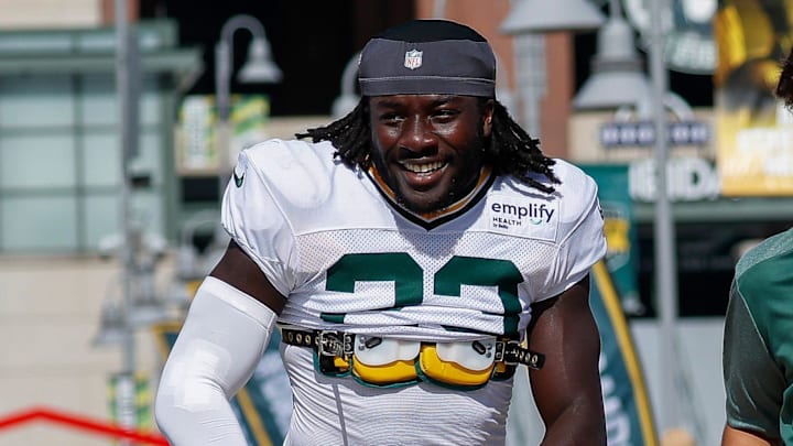 Green Bay Packers running back Israel Abanikanda arrives at a joint practice with the Seattle Seahawks at Lambeau Field
