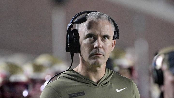 Nov 15, 2025; Tallahassee, Florida, USA; Florida State Seminoles head coach Mike Norvell during the second half against the Virginia Tech Hokies at Doak S. Campbell Stadium. Mandatory Credit: Melina Myers-Imagn Images