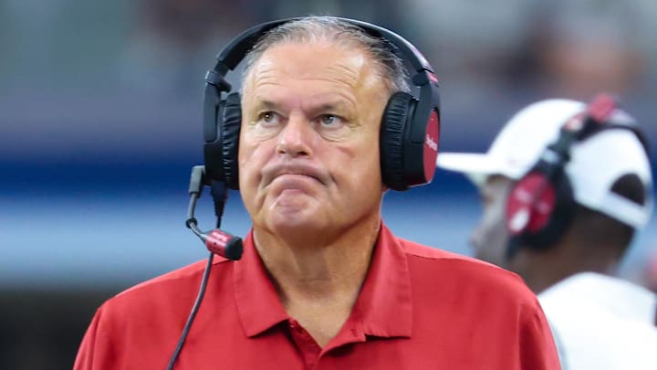 Arkansas Razorbacks head coach Sam Pittman reacts during the first half against the Texas A&M Aggies at AT&T Stadium. 