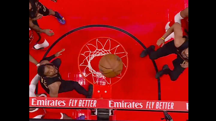RJ Barrett’s game-winning shot in Game 6 of the Raptors first-round series against the Cavaliers falls through the hoop.