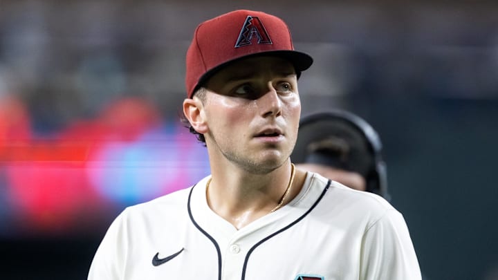 Sep 23, 2025; Phoenix, Arizona, USA; Arizona Diamondbacks pitcher Brandon Pfaadt in the fifth inning against the Los Angeles Dodgers at Chase Field. Mandatory Credit: Mark J. Rebilas-Imagn Images

