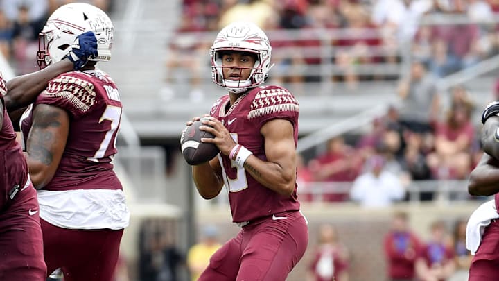 Oct 29, 2022; Tallahassee, Florida, USA; Florida State Seminoles quarterback Jordan Travis (13) looks to pass during the first half against the Georgia Tech Yellow Jackets during the first half at Doak S. Campbell Stadium. Mandatory Credit: Melina Myers-Imagn Images