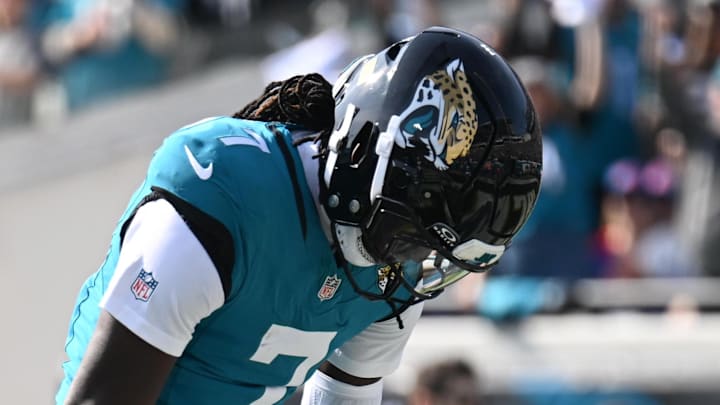 Jan 11, 2026; Jacksonville, FL, USA; Jacksonville Jaguars wide receiver Brian Thomas Jr. (7) reacts after scoring a touchdown during the first half against the Buffalo Bills in an AFC Wild Card Round game at EverBank Stadium. Jan 11, 2026; Jacksonville, FL, USA; Jacksonville Jaguars wide receiver Brian Thomas Jr. (7) reacts after scoring a touchdown during the first half against the Buffalo Bills in an AFC Wild Card Round game at EverBank Stadium.