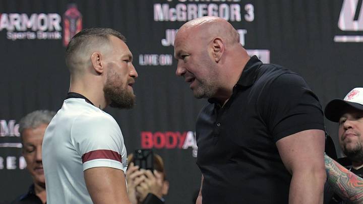 Jul 9, 2021; Las Vegas, Nevada, USA; Conor McGregor is greeted by UFC president Dana White during weigh ins for UFC 264 at T-Mobile Arena. Mandatory Credit: Gary A. Vasquez-Imagn Images