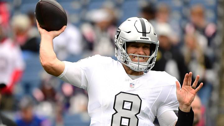 Oct 11, 2026; Foxborough, Massachusetts, USA; Las Vegas Raiders quarterback Kirk Cousins (8) warms up before a game against the New England Patriots at Gillette Stadium. Mandatory Credit: Bob DeChiara-Imagn Images Oct 11, 2026; Foxborough, Massachusetts, USA; Las Vegas Raiders quarterback Kirk Cousins (8) warms up before a game against the New England Patriots at Gillette Stadium. Mandatory Credit: Bob DeChiara-Imagn Images