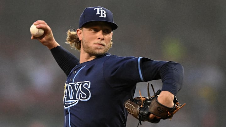 Tampa Bay Rays starting pitcher Shane Baz (11) pitches against the Boston Red Sox during the first inning at Fenway Park. Tampa Bay Rays starting pitcher Shane Baz (11) pitches against the Boston Red Sox during the first inning at Fenway Park.