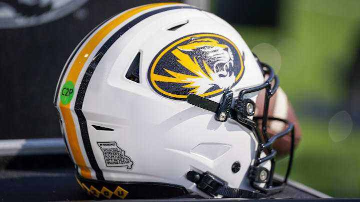 Sep 13, 2025; Columbia, Missouri, USA; A general view of a Missouri Tigers helmet prior to a game against the Louisiana-Lafayette Ragin Cajuns at Faurot Field at Memorial Stadium. Mandatory Credit: Denny Medley-Imagn Images