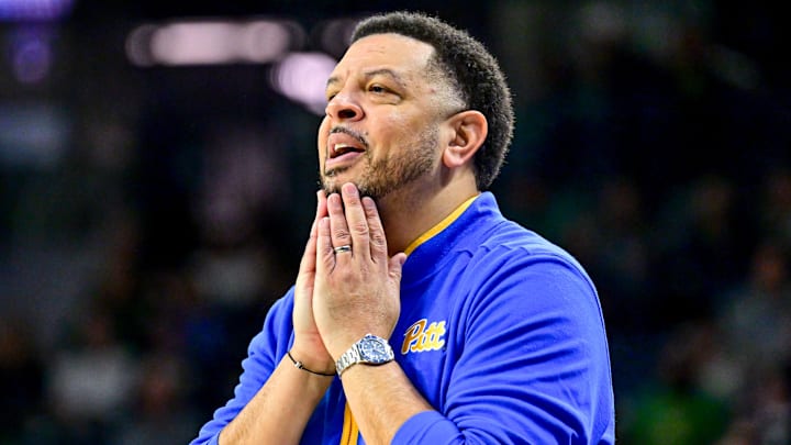 Feb 22, 2025; South Bend, Indiana, USA; Pittsburgh Panthers head coach Jeff Capel watches in the second half against the Notre Dame Fighting Irish at the Purcell Pavilion. Mandatory Credit: Matt Cashore-Imagn Images