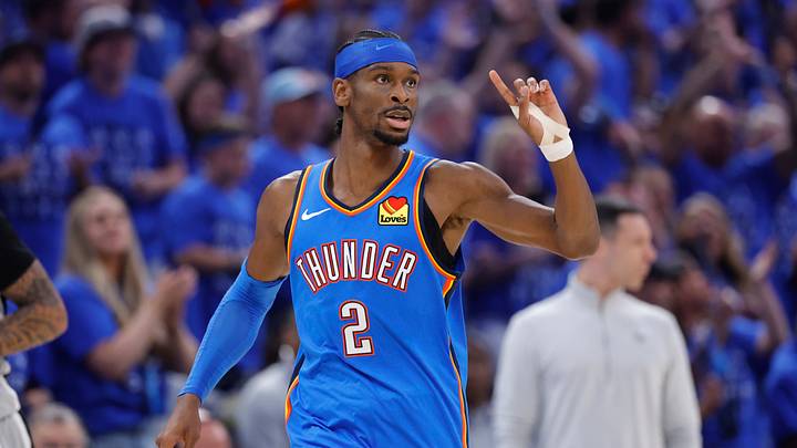 May 30, 2026; Oklahoma City, Oklahoma, USA; Oklahoma City Thunder guard Shai Gilgeous-Alexander (2) reacts in the second quarter against the San Antonio Spurs during game seven of the western conference finals for the 2026 NBA playoffs at Paycom Center. Mandatory Credit: Alonzo Adams-Imagn Images
