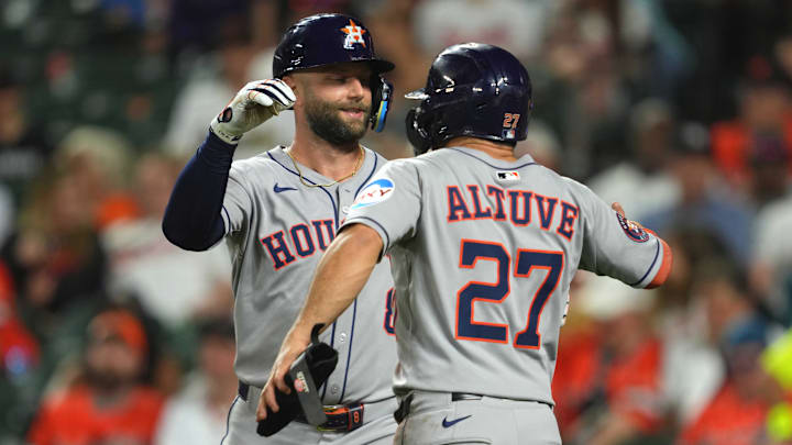 Aug 23, 2025; Baltimore, Maryland, USA; Houston Astros first baseman Christian Walker (8) greeted by designated hitter Jose Altuve (27) in the seventh inning following his two-run home run against the Baltimore Orioles at Oriole Park at Camden Yards. Mandatory Credit: Mitch Stringer-Imagn Images Aug 23, 2025; Baltimore, Maryland, USA; Houston Astros first baseman Christian Walker (8) greeted by designated hitter Jose Altuve (27) in the seventh inning following his two-run home run against the Baltimore Orioles at Oriole Park at Camden Yards. Mandatory Credit: Mitch Stringer-Imagn Images