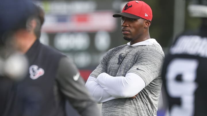 Houston Texans head coach DeMeco Ryans watches during training camp at Houston Methodist Training Center.