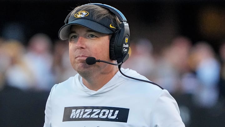 Sep 7, 2024; Columbia, Missouri, USA; Missouri Tigers coach Eli Drinkwitz watches play against the Buffalo Bulls during the first half at Faurot Field at Memorial Stadium.