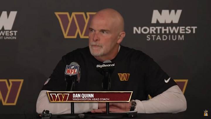 Washington Commanders head coach Dan Quinn speaks to the press following the Commanders' tie with the New York Giants.
