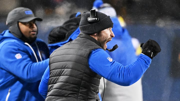 Jan 18, 2026; Chicago, IL, USA; Los Angeles Rams head coach Sean McVay reacts after a defensive stop against the Chicago Bears during the fourth quarter of an NFC Divisional Round game at Soldier Field. Mandatory Credit: Matt Marton-Imagn Images