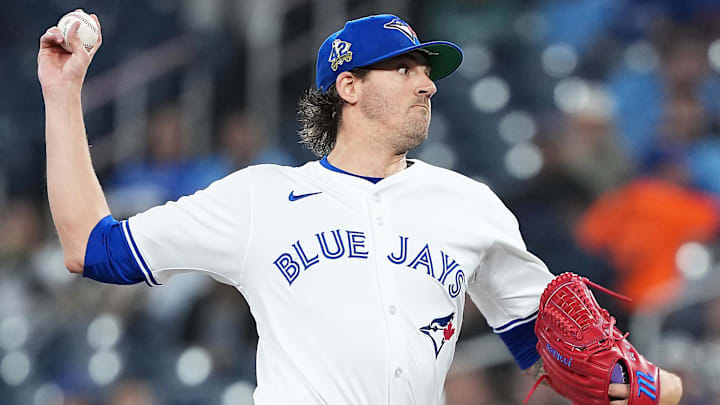 Apr 15, 2025; Toronto, Ontario, CAN; Toronto Blue Jays starting pitcher Kevin Gausman (34) throws a pitch against the Atlanta Braves during the first inning at Rogers Centre.
