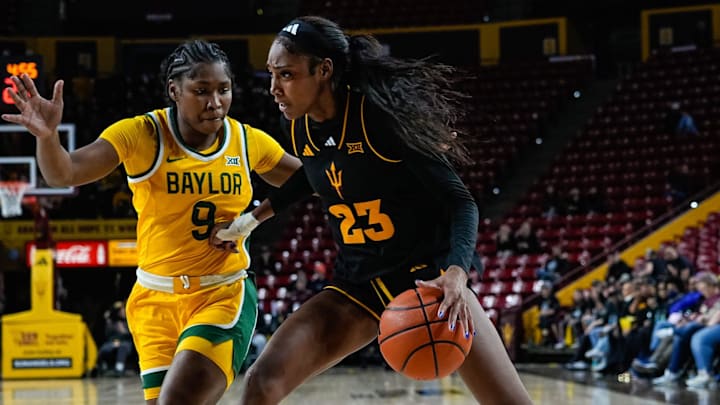Aliyah Matharu (9) of the Baylor Bears guards Jalyn Brown (23) of the Arizona State Sun Devils during a game at Desert Financial Arena on Jan. 11, 2025, in Tempe.