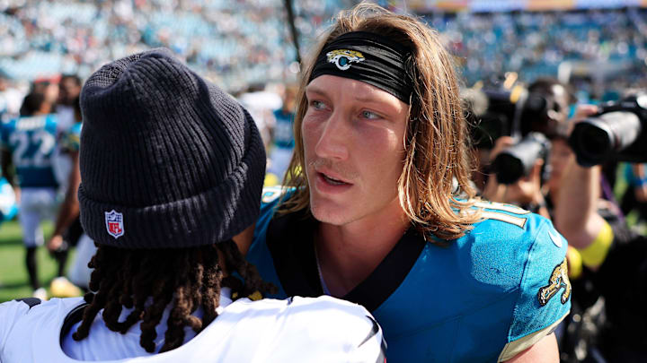 Jacksonville Jaguars quarterback Trevor Lawrence (16) greets Houston Texans quarterback CJ. Stroud (7) mid-field after the game of an NFL football matchup at EverBank Stadium, Sunday, Sept. 21, 2025, in Jacksonville, Fla. The Jaguars defeated the Texans 17-10. [Corey Perrine/Florida Times-Union]