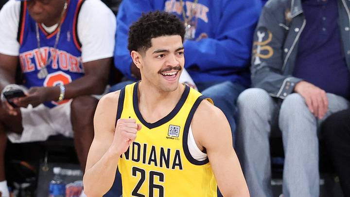 May 23, 2025; New York, New York, USA; Indiana Pacers guard Ben Sheppard (26) reacts in the fourth quarter against the New York Knicks during game two of the eastern conference finals for the 2025 NBA Playoffs at Madison Square Garden. Mandatory Credit: Wendell Cruz-Imagn Images