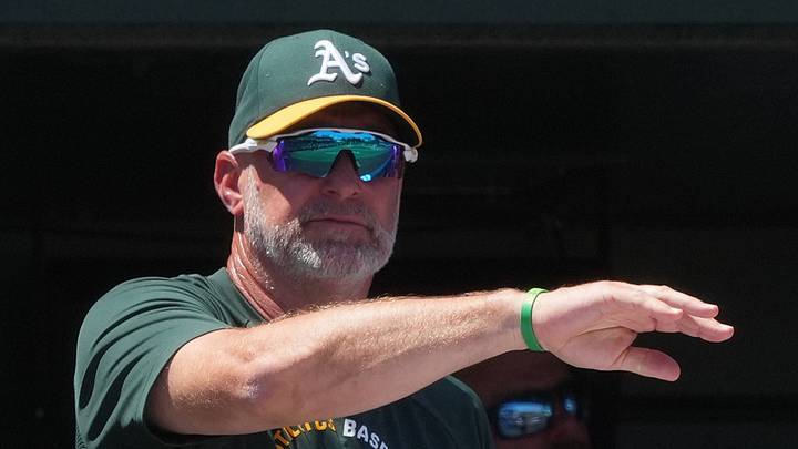 Aug 2, 2026; West Sacramento, California, USA; Athletics manager Mark Kotsay (7) gestures during the fourth inning against the Detroit Tigers at Sutter Health Park. Mandatory Credit: Darren Yamashita-Imagn Images