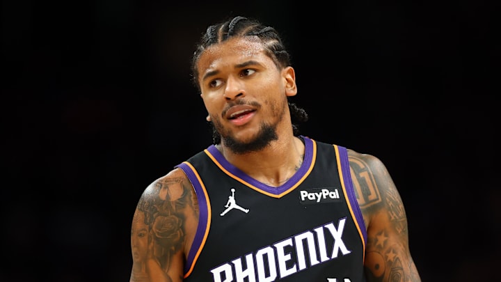 Apr 14, 2026; Phoenix, Arizona, USA; Phoenix Suns guard Jalen Green (4) against the Portland Trail Blazers during the play-in rounds of the 2026 NBA Playoffs at Mortgage Matchup Center. Mandatory Credit: Mark J. Rebilas-Imagn Images