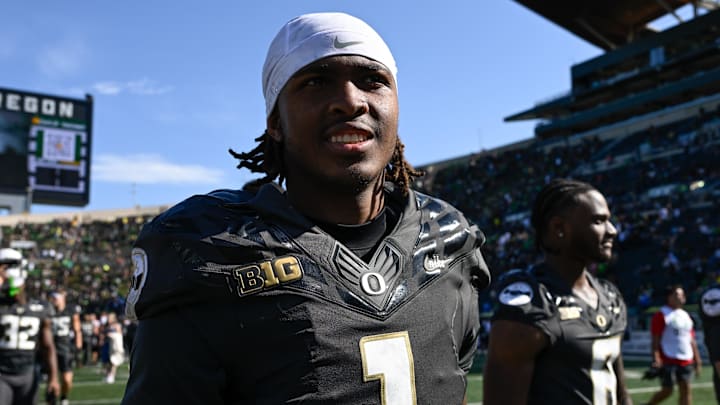 Sep 20, 2025; Eugene, Oregon, USA; Oregon Ducks wide receiver Dakorien Moore (1) walks off the field after the game against the Oregon State Beavers at Autzen Stadium. Mandatory Credit: Troy Wayrynen-Imagn Images