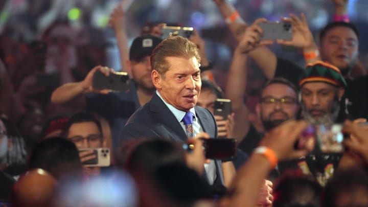 Apr 3, 2022; Arlington, TX, USA; WWE owner Vince McMahon enters the arena during WrestleMania at AT&T Stadium. Mandatory Credit: Joe Camporeale-Imagn Images
